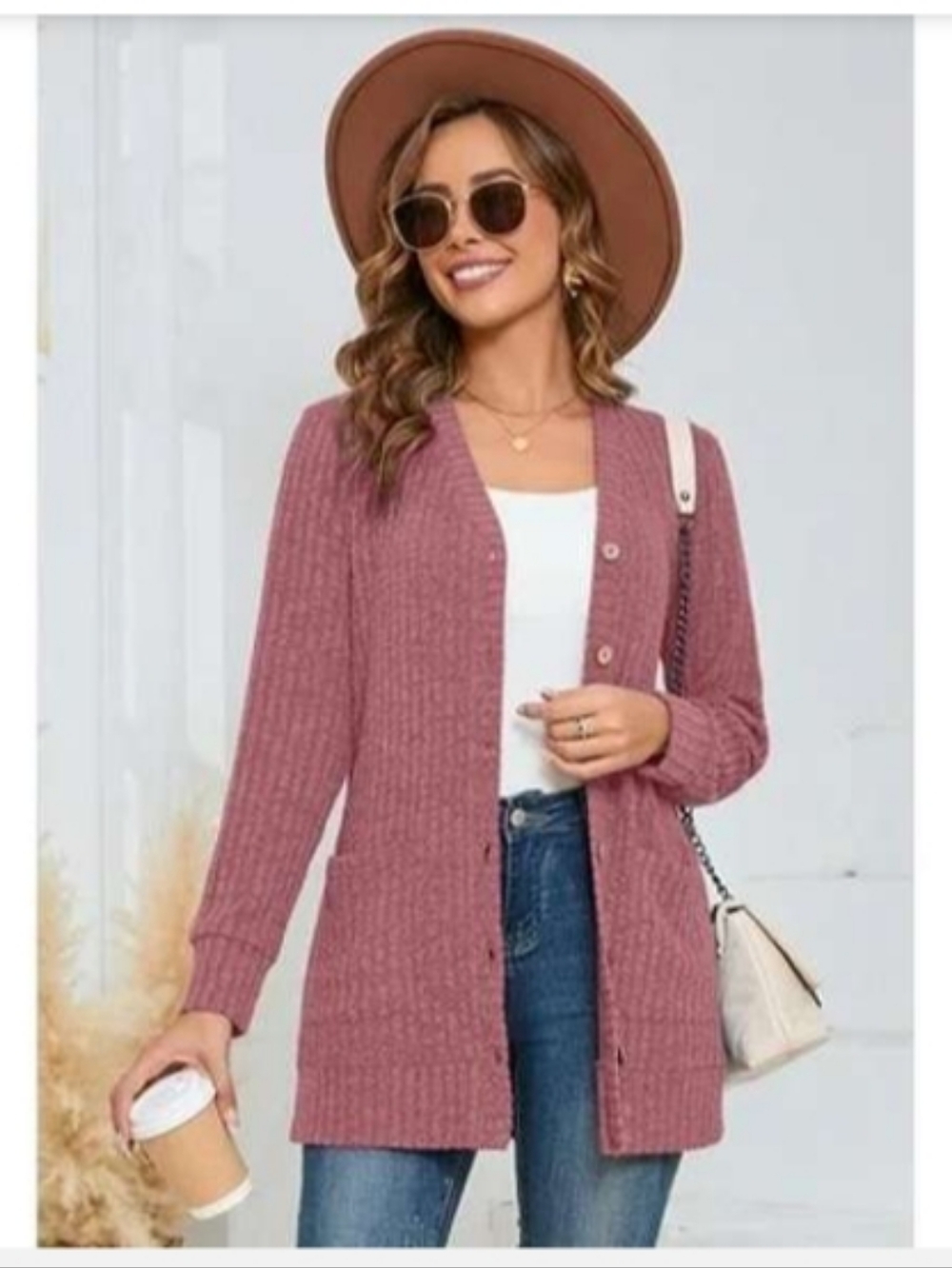 SHOWMALL Women's Ribbed Knit Cardigan Sweater, Dusty Rose V-Neck Button Down 2XL